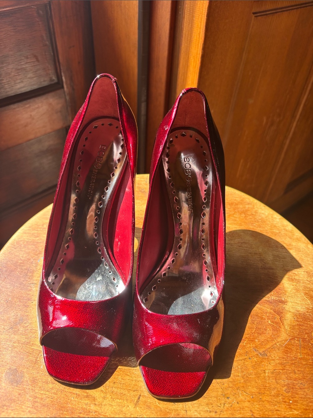 BCBGeneration Red Patent Peep-Toe Stiletto Heels